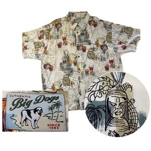 Vintage Big Dogs Hawaiian Tiki Paradise Tropical Drinks Rayon Button Up Shirt 3X